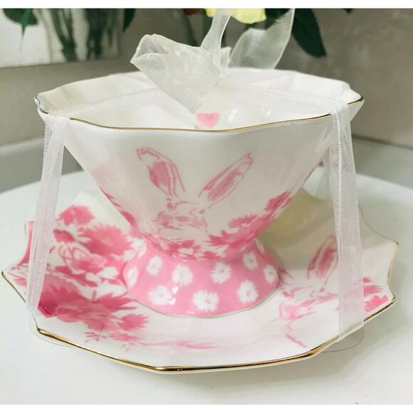 Meritage Easter Spring PINK Bunny Floral Tea Cup & Saucer Plate Set - Picture 1 of 7